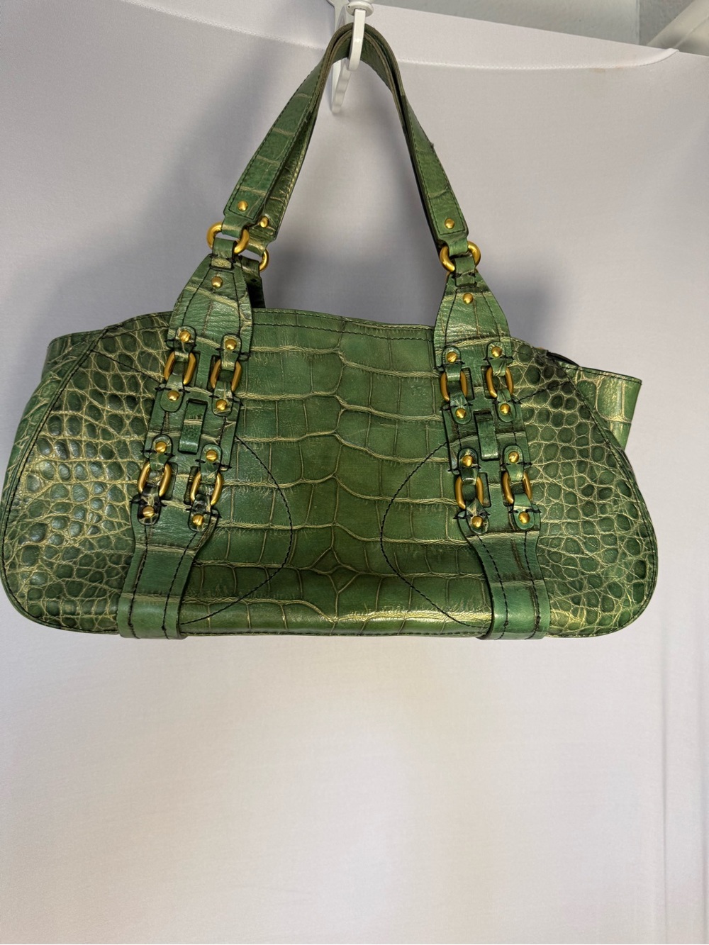 Cole Haan Green Croc-Embossed Shoulder Tote with Gold Hardware